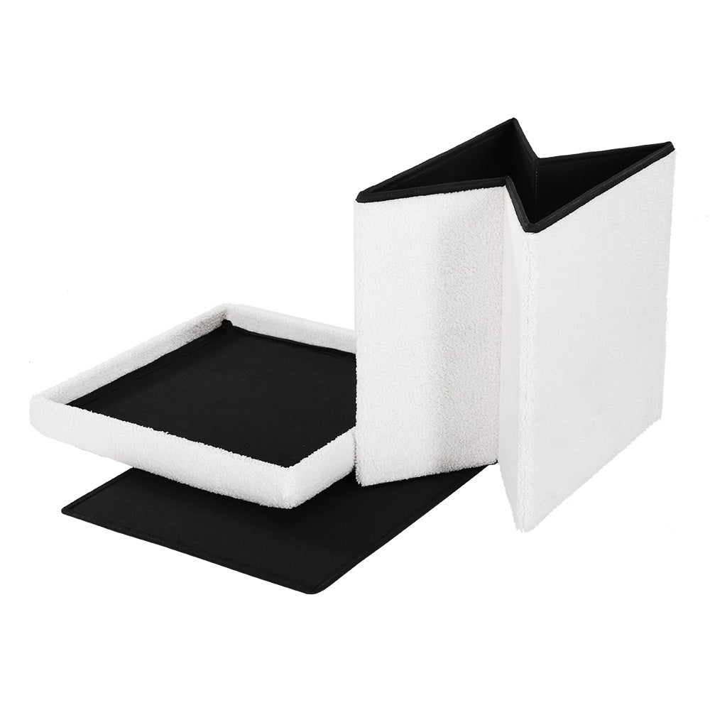 Square Boucle Foot Stool Teddy Fabric Storage Ottoman Dresser Seat - White - Homecoze