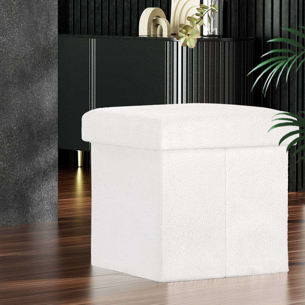 Square Boucle Foot Stool Teddy Fabric Storage Ottoman Dresser Seat - White - Homecoze