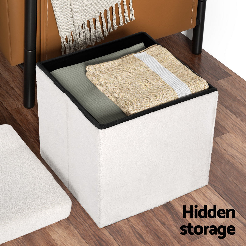 Square Boucle Foot Stool Teddy Fabric Storage Ottoman Dresser Seat - White - Homecoze