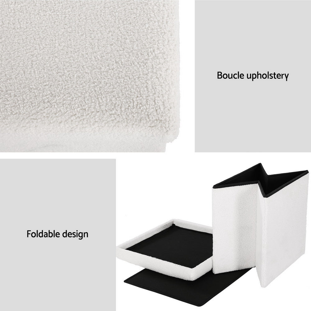 Square Boucle Foot Stool Teddy Fabric Storage Ottoman Dresser Seat - White - Homecoze