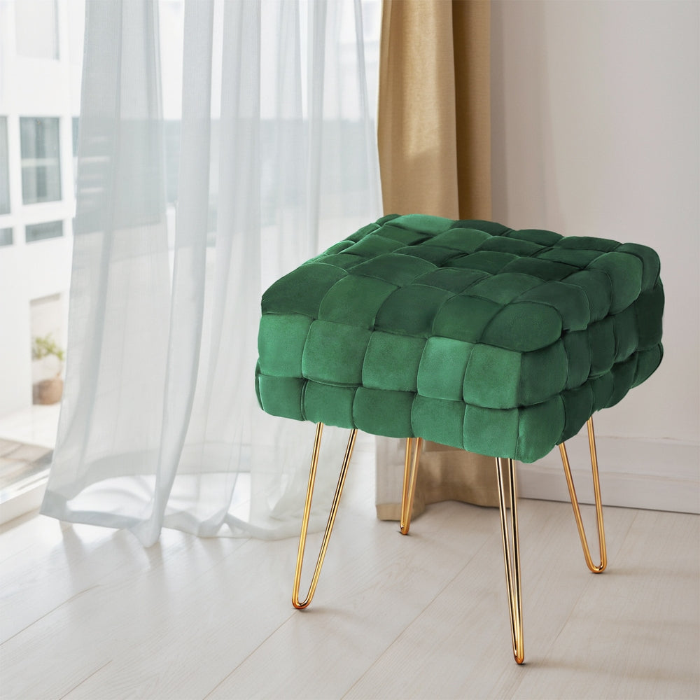 Woven Velvet Ottoman Foot Stool - Green - Homecoze