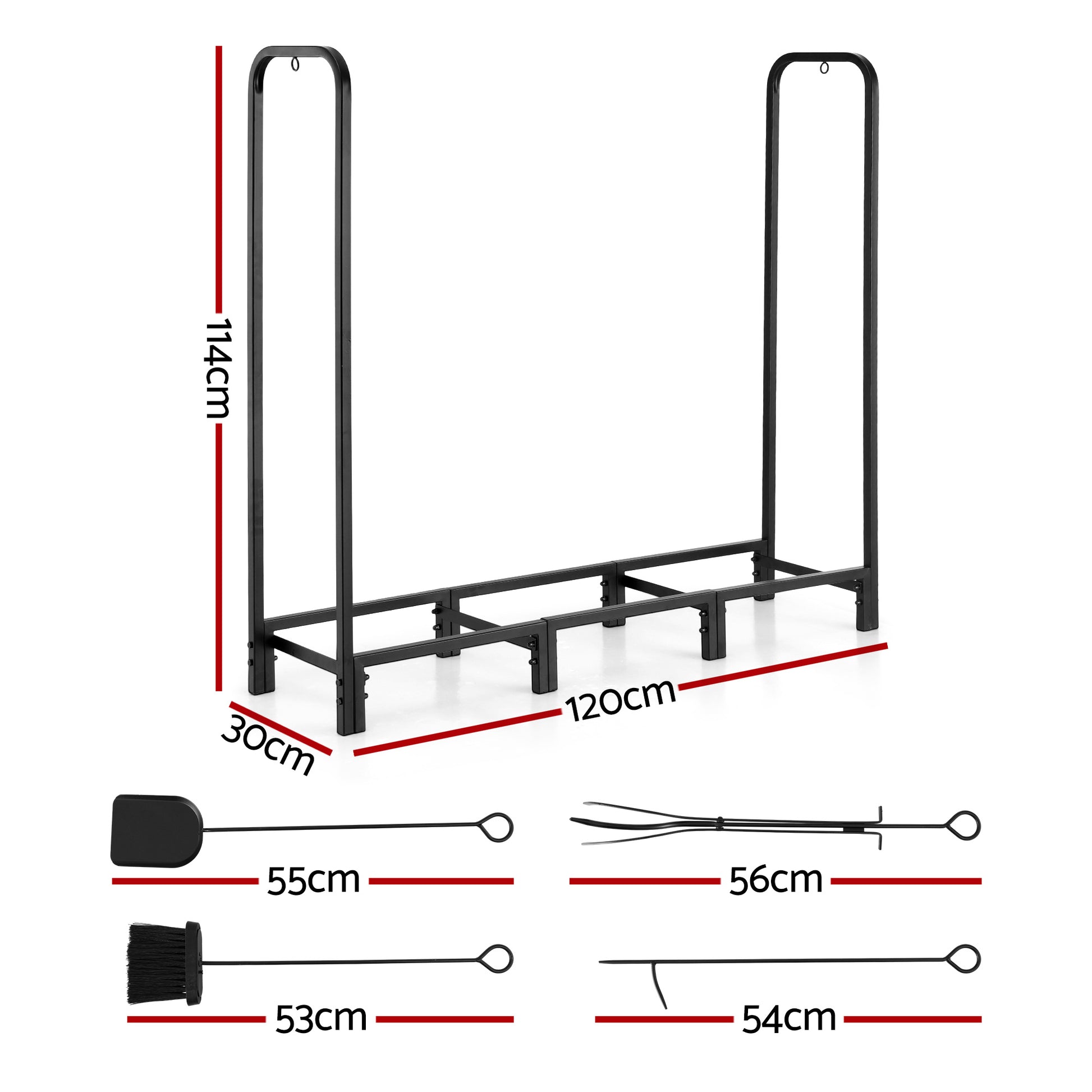 120cm Firewood Storage Rack with Tools - Black - Homecoze