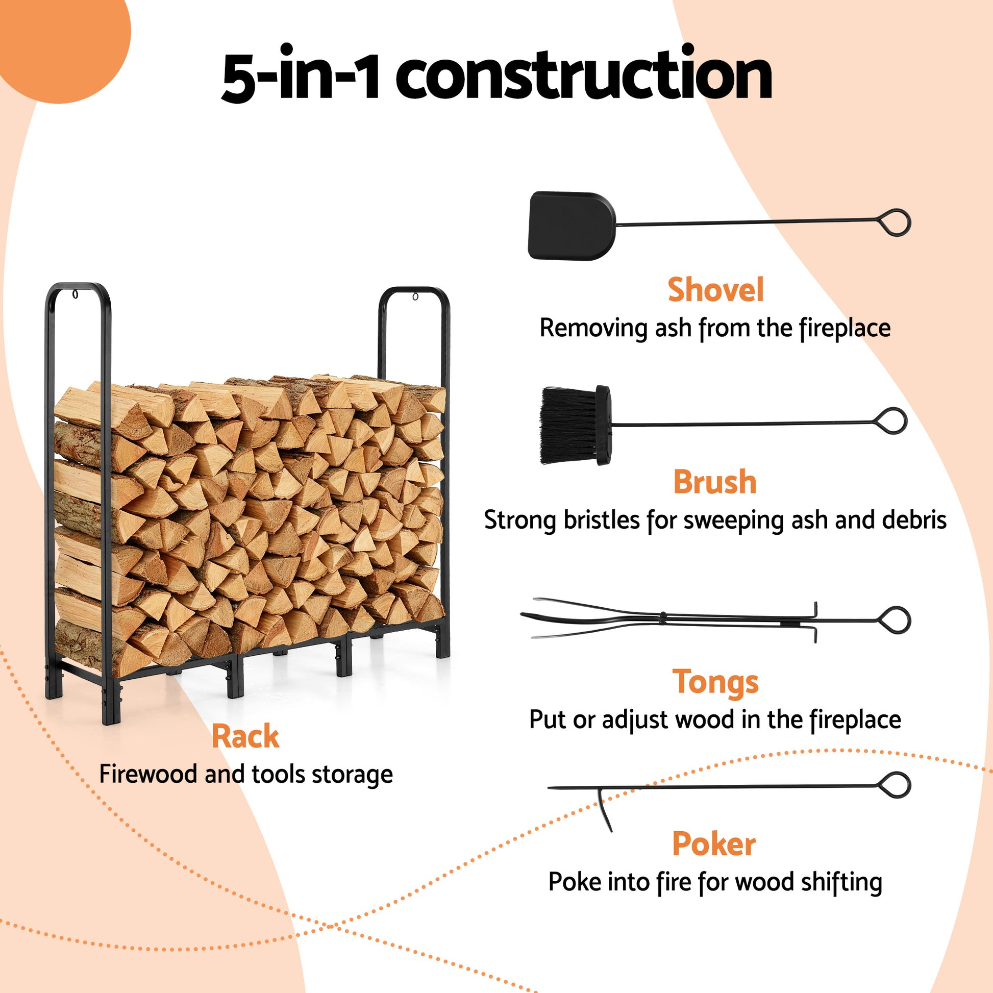 120cm Firewood Storage Rack with Tools - Black - Homecoze