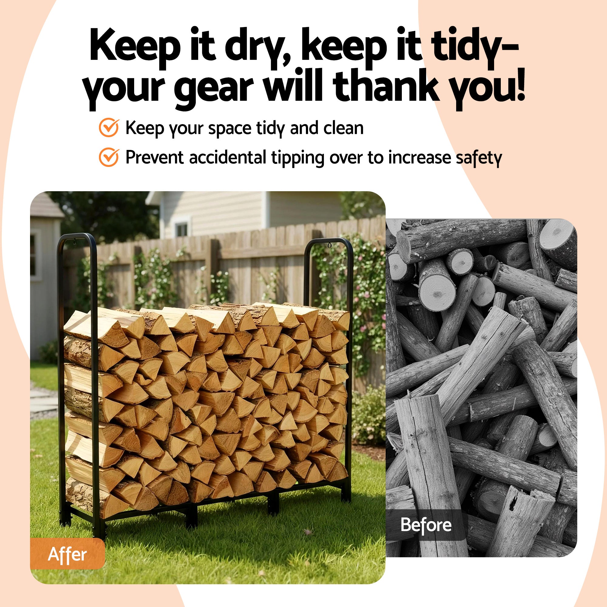 120cm Firewood Storage Rack with Tools - Black - Homecoze
