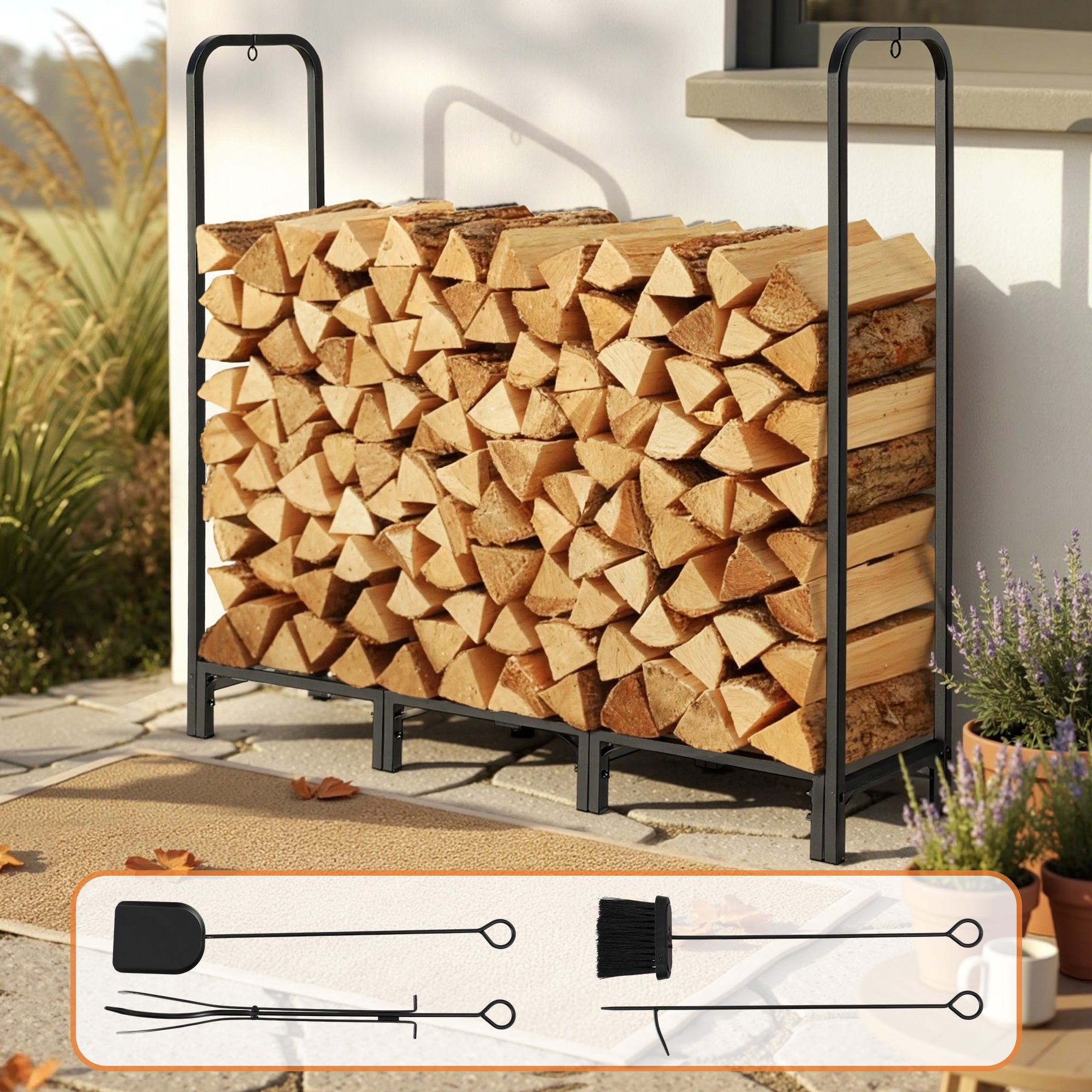 120cm Firewood Storage Rack with Tools - Black - Homecoze