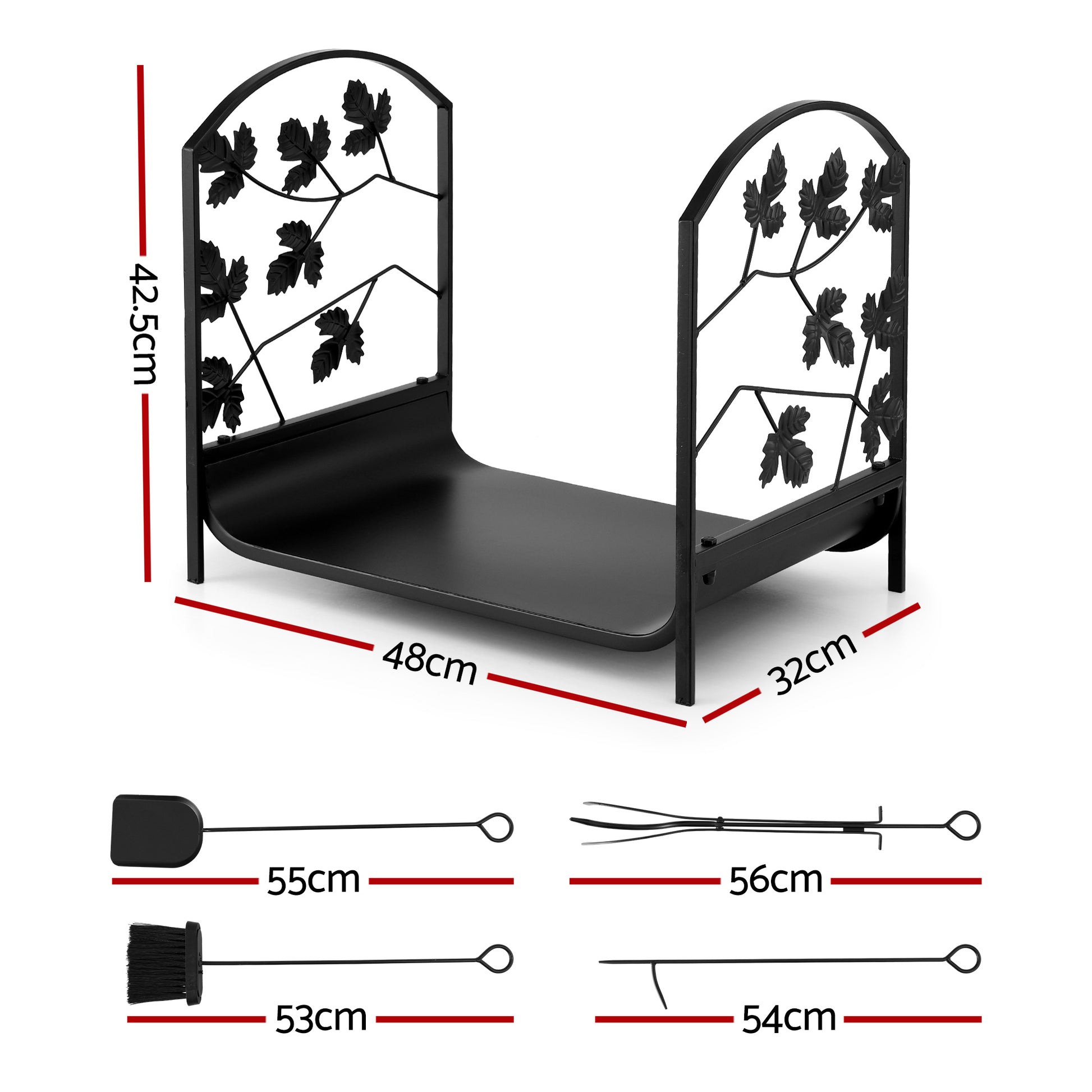 48cm Compact Firewood Storage Rack with Tools - Black - Homecoze
