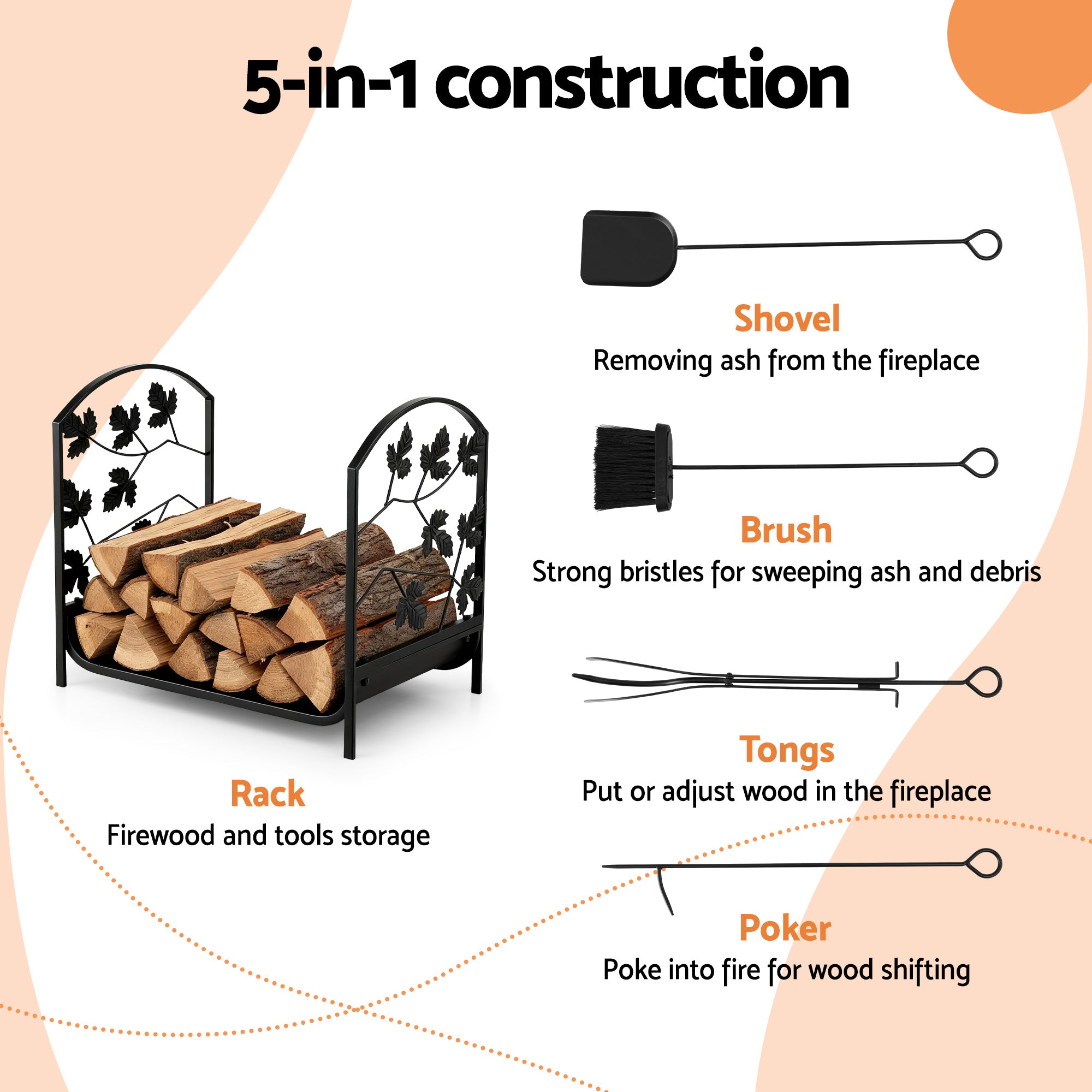 48cm Compact Firewood Storage Rack with Tools - Black - Homecoze