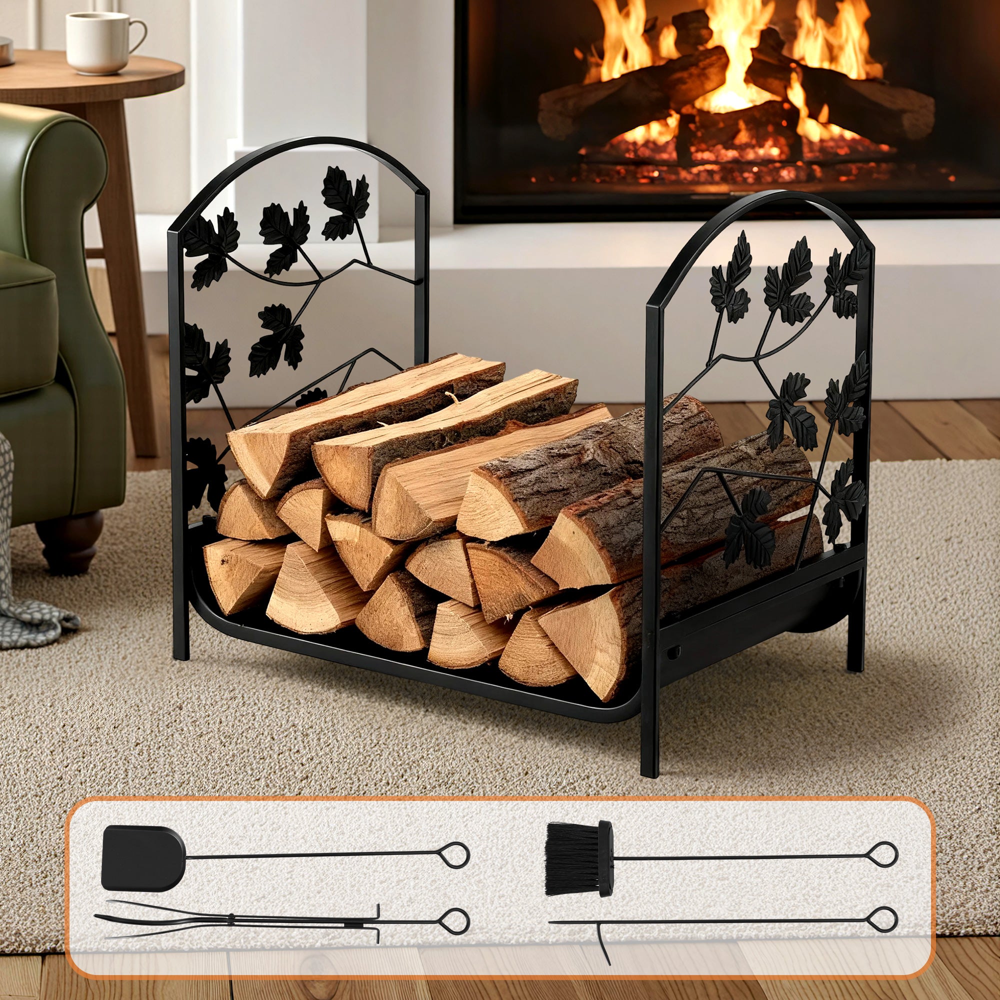 48cm Compact Firewood Storage Rack with Tools - Black - Homecoze