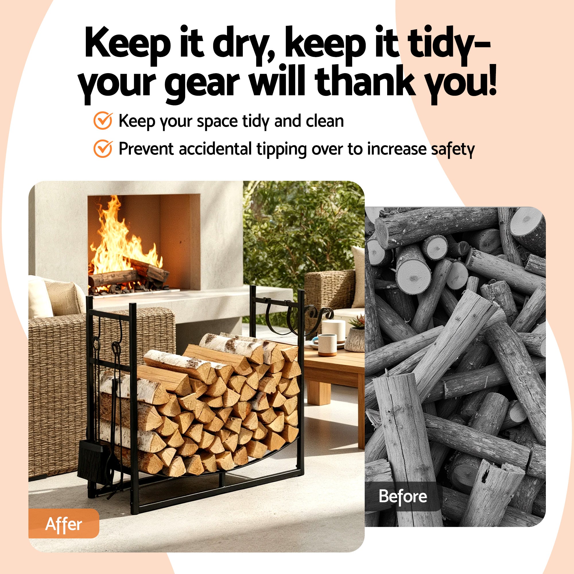84cm Firewood Storage Rack with Tools - Black - Homecoze