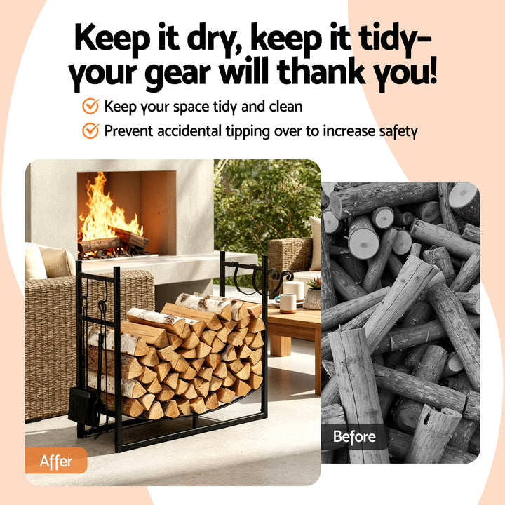 84cm Firewood Storage Rack with Tools - Black