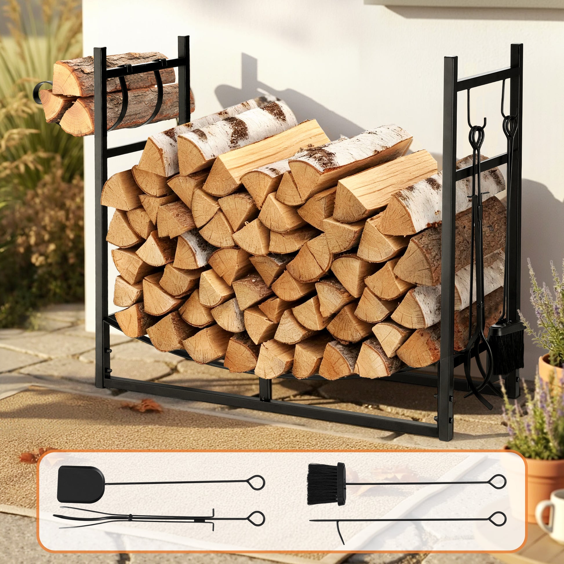 84cm Firewood Storage Rack with Tools - Black - Homecoze