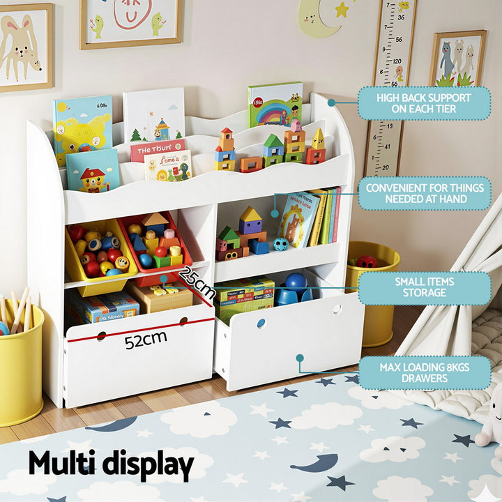 Keezi 3 Tiers Kids Bookshelf Storage Children Bookcase Toy Box Organiser Display White - Homecoze