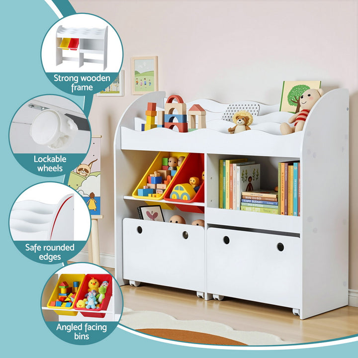 Keezi 3 Tiers Kids Bookshelf Storage Children Bookcase Toy Box Organiser Display White - Homecoze