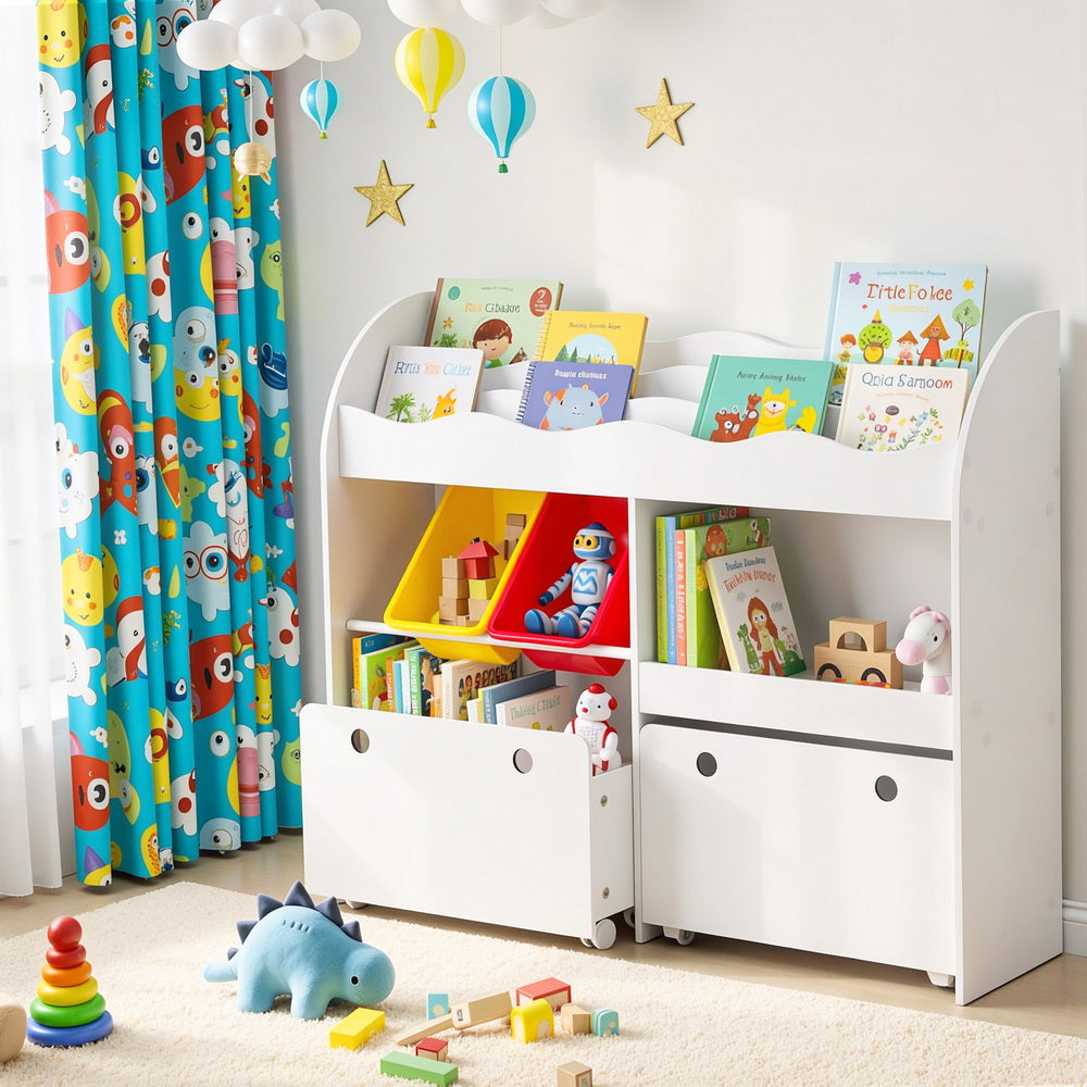 Keezi 3 Tiers Kids Bookshelf Storage Children Bookcase Toy Box Organiser Display White - Homecoze