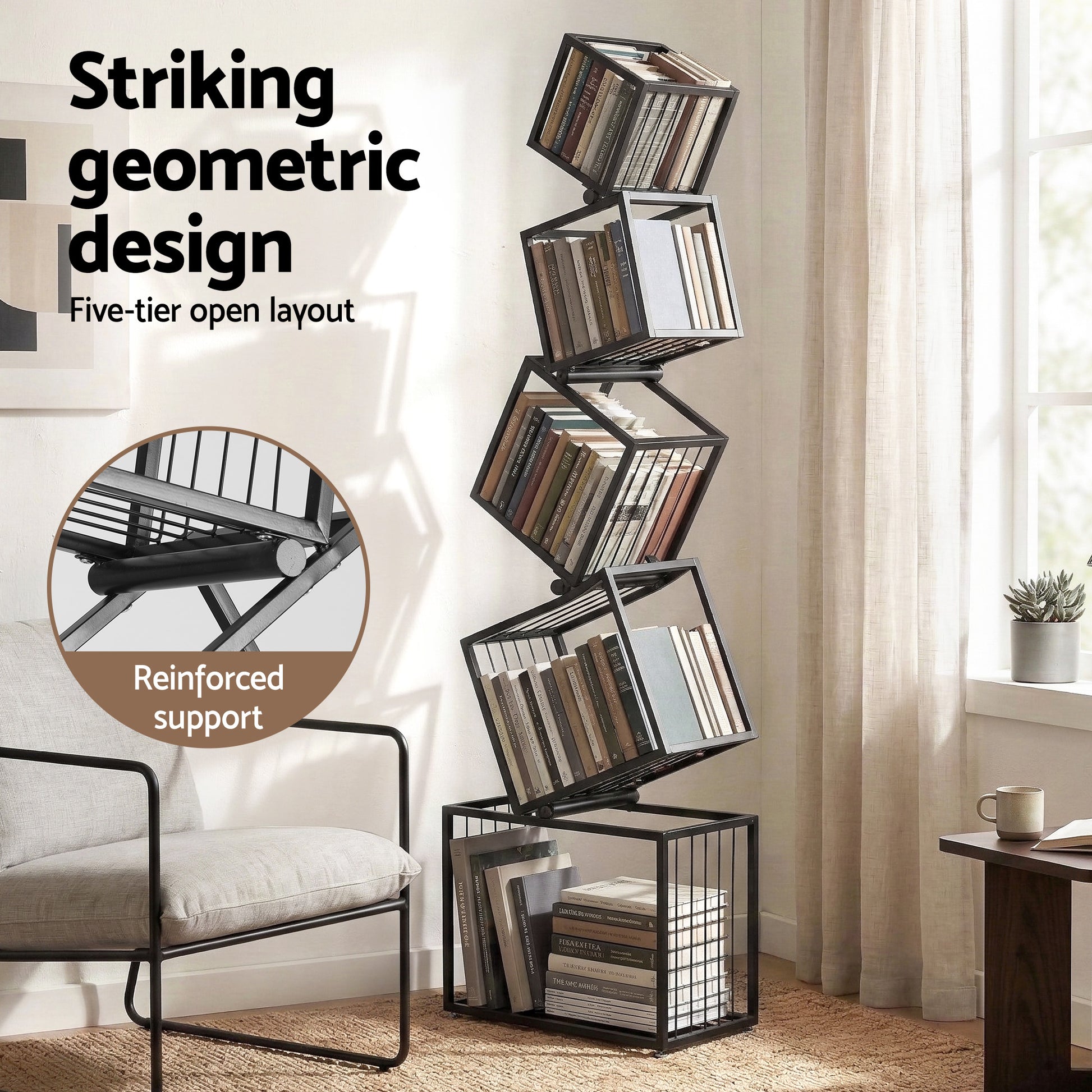 Artiss 5-Tier Bookshelf Metal Geometric Display Shelf Storage Organizer Black - Homecoze