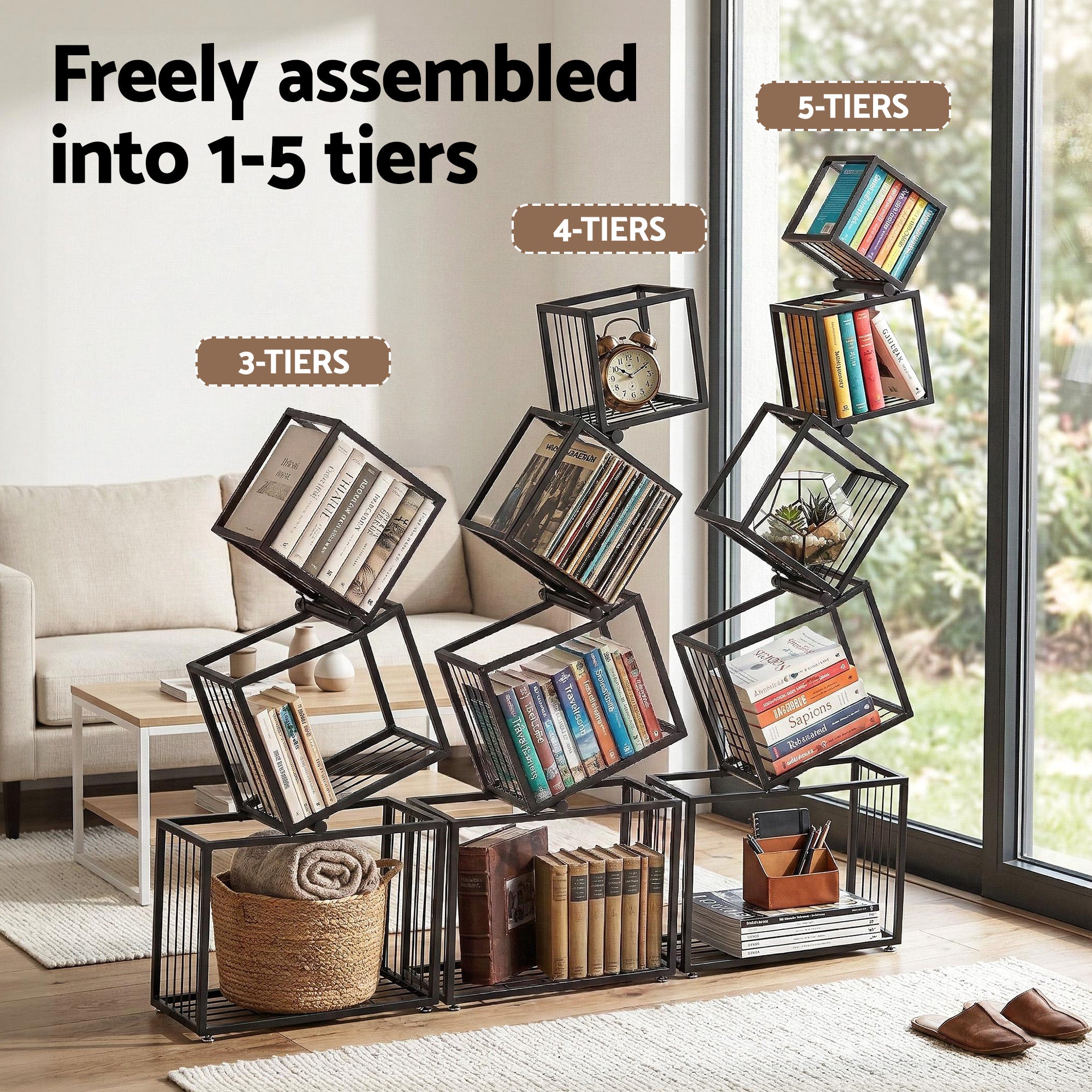 Artiss 5-Tier Bookshelf Metal Geometric Display Shelf Storage Organizer Black - Homecoze
