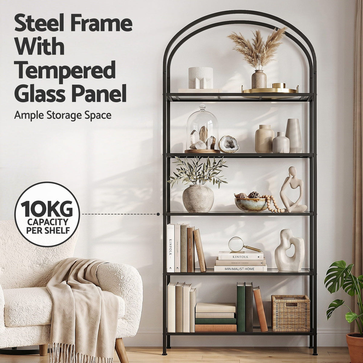 5-Tier Arched Etagere Bookshelf – Black