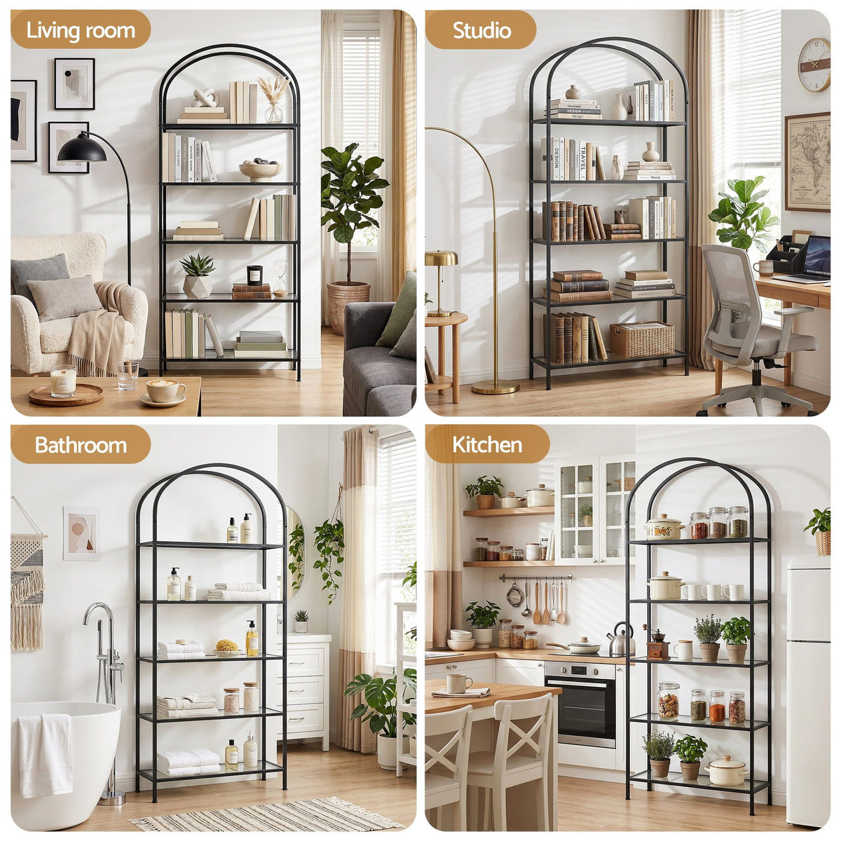 5-Tier Arched Etagere Bookshelf – Black