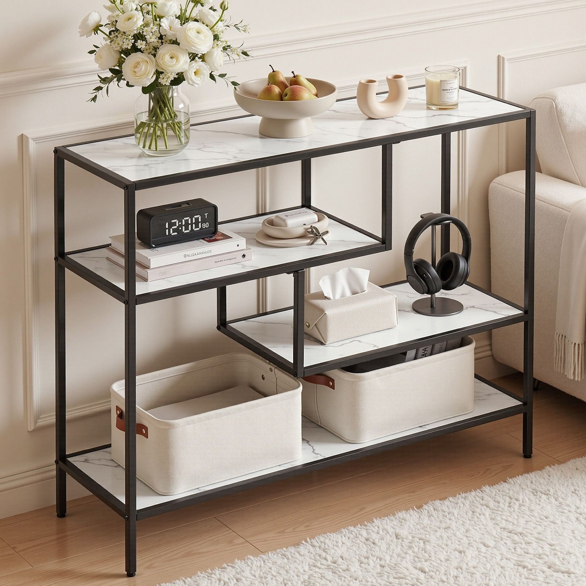 Artiss Console Table Entryway Hallway Marble Effect 4-Tier Storage Shelves White - Homecoze