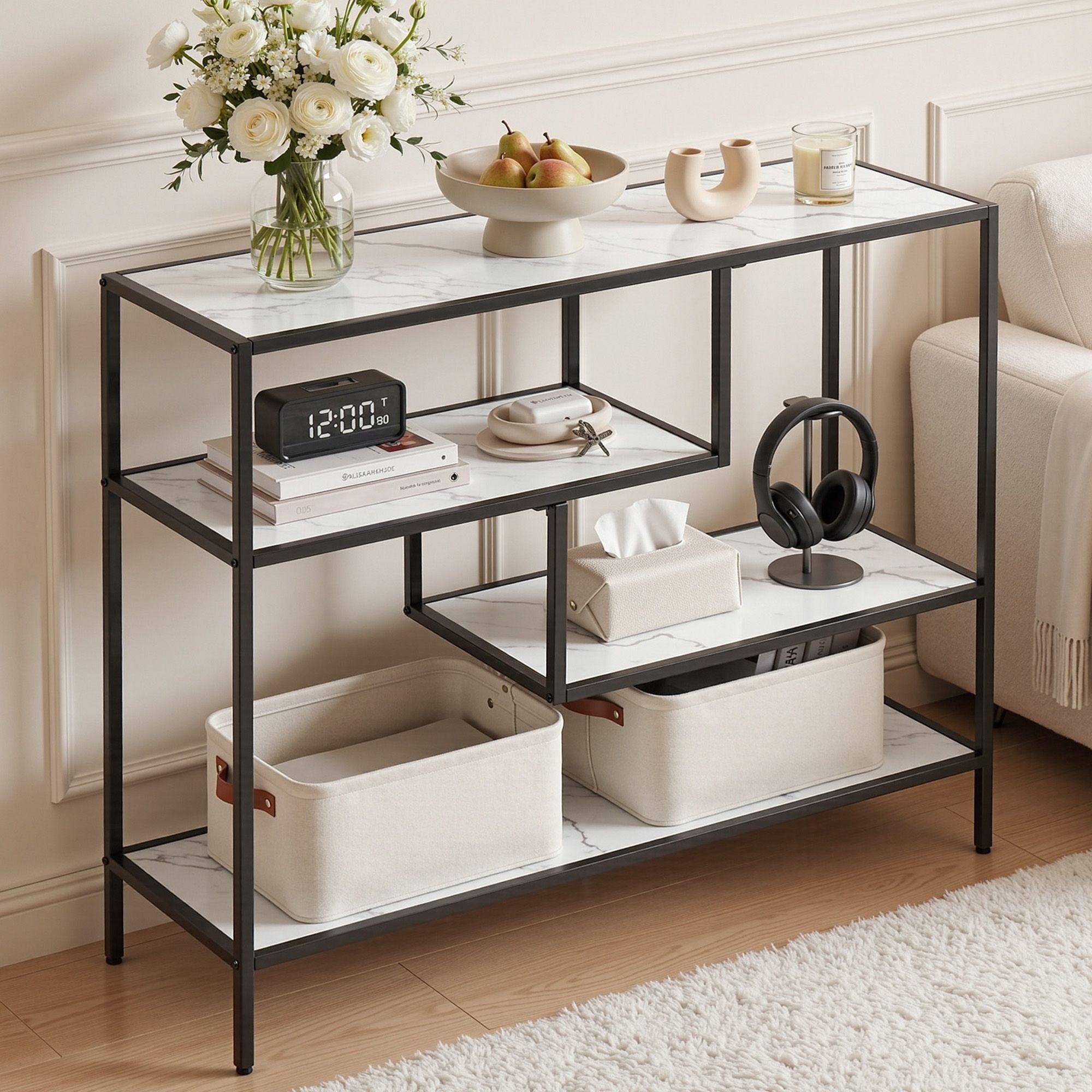 Artiss Console Table Entryway Hallway Marble Effect 4-Tier Storage Shelves White - Homecoze