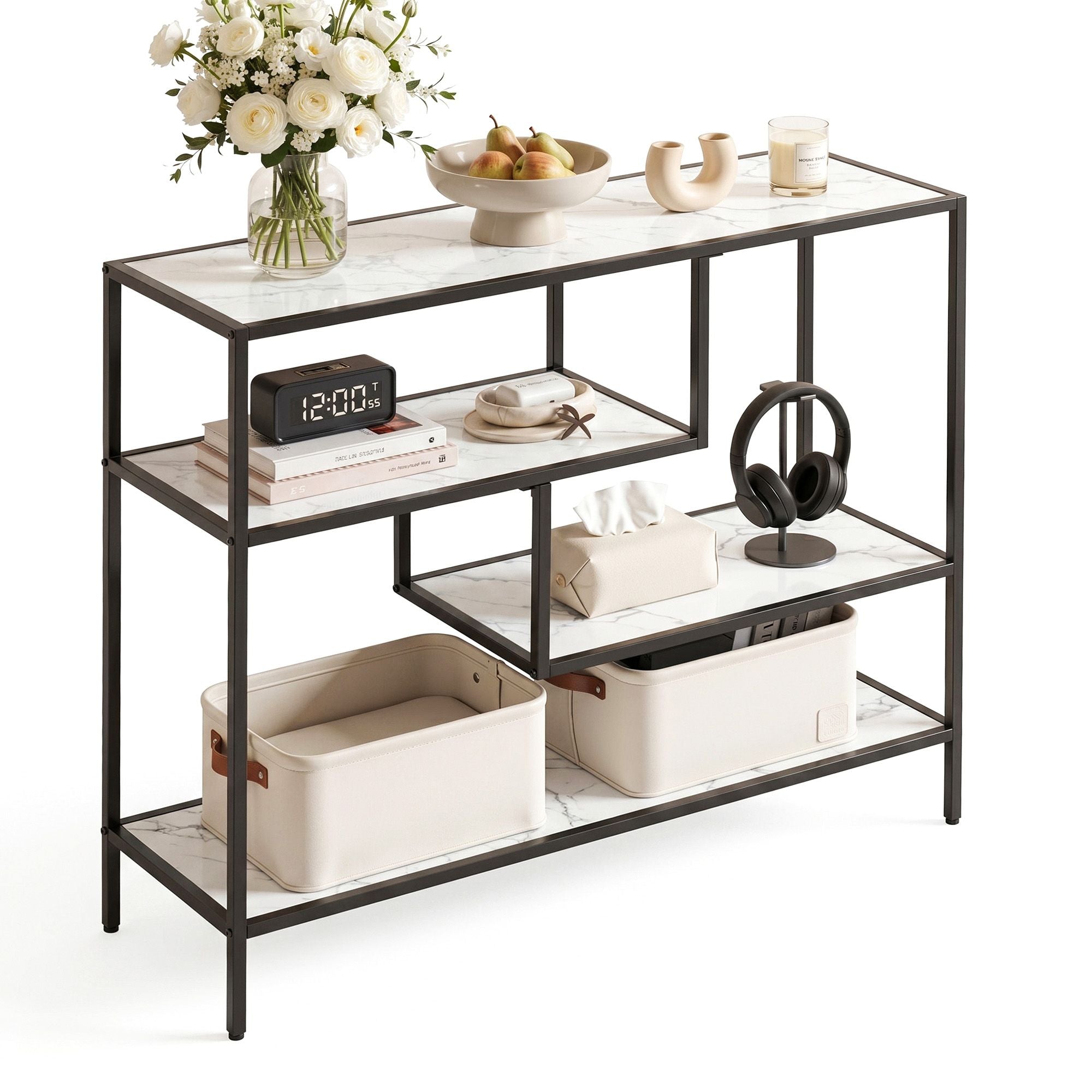 Artiss Console Table Entryway Hallway Marble Effect 4-Tier Storage Shelves White - Homecoze