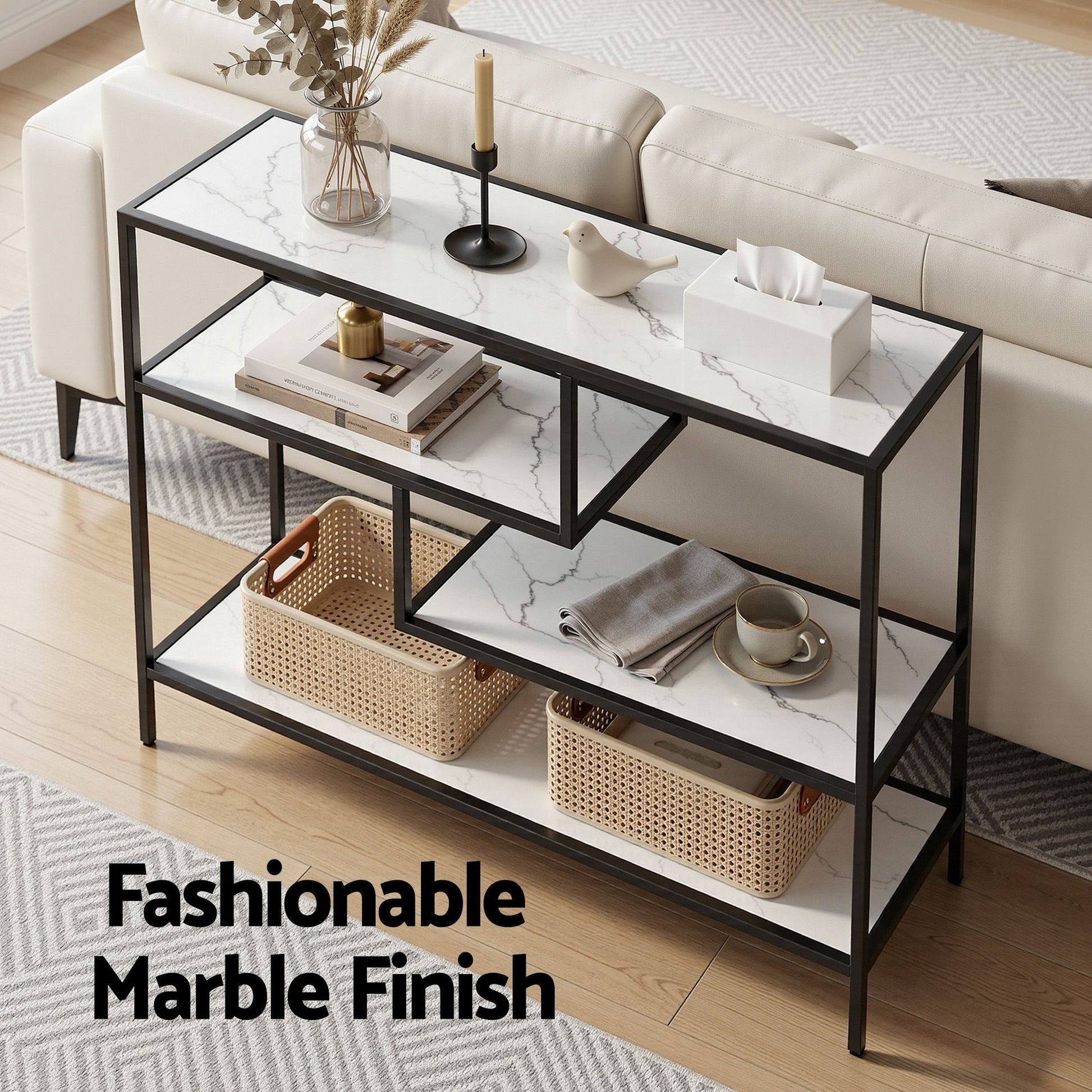 Artiss Console Table Entryway Hallway Marble Effect 4-Tier Storage Shelves White - Homecoze
