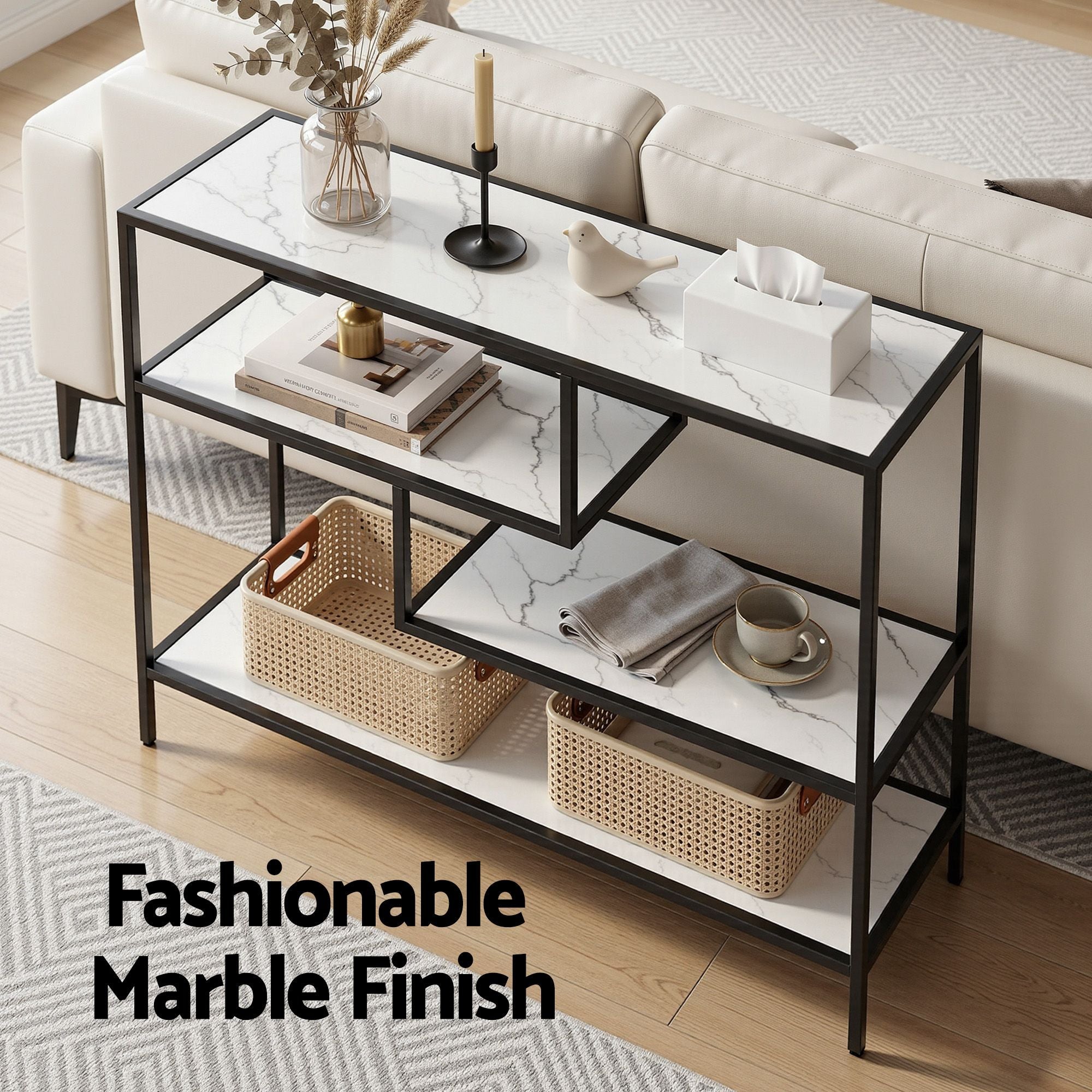 Artiss Console Table Entryway Hallway Marble Effect 4-Tier Storage Shelves White - Homecoze