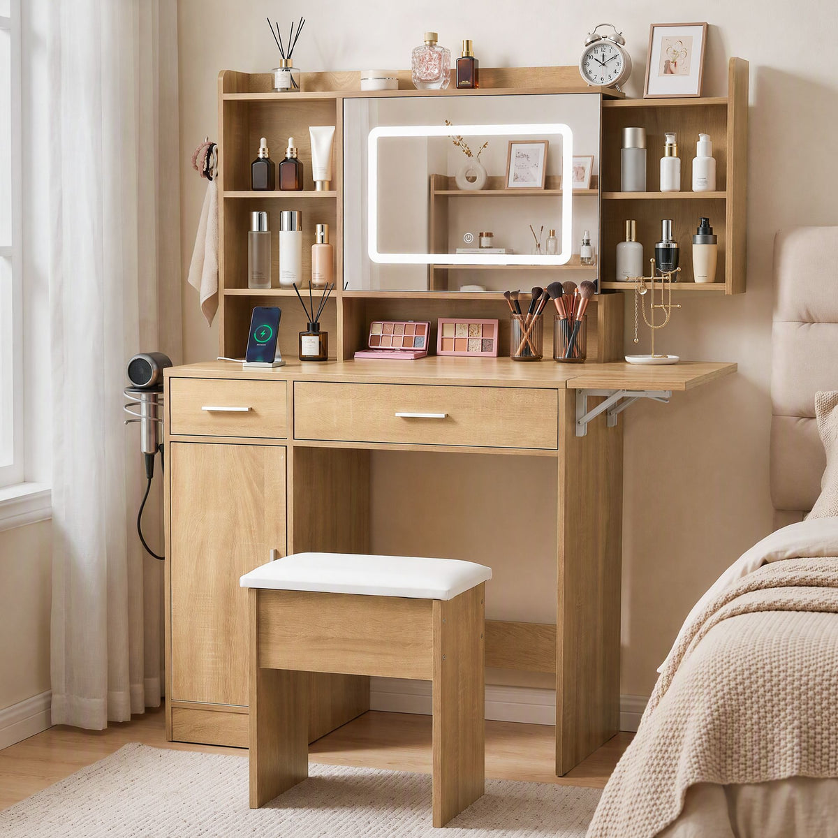 Fiora Compact LED Dressing Table & Stool – Natural