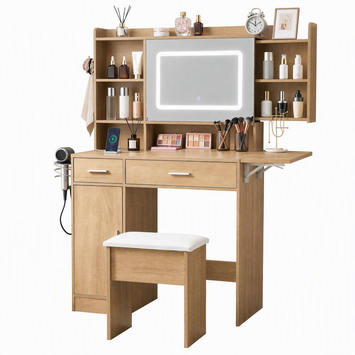 Fiora Compact LED Dressing Table & Stool – Natural