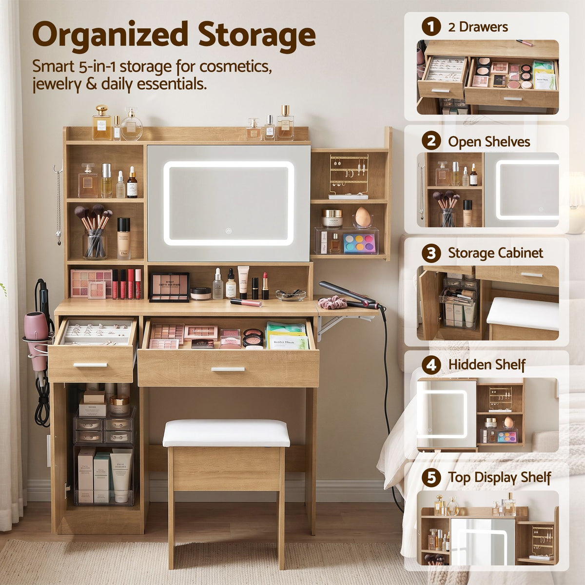 Fiora Compact LED Dressing Table & Stool – Natural