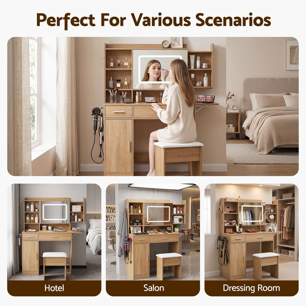 Fiora Compact LED Dressing Table & Stool – Natural