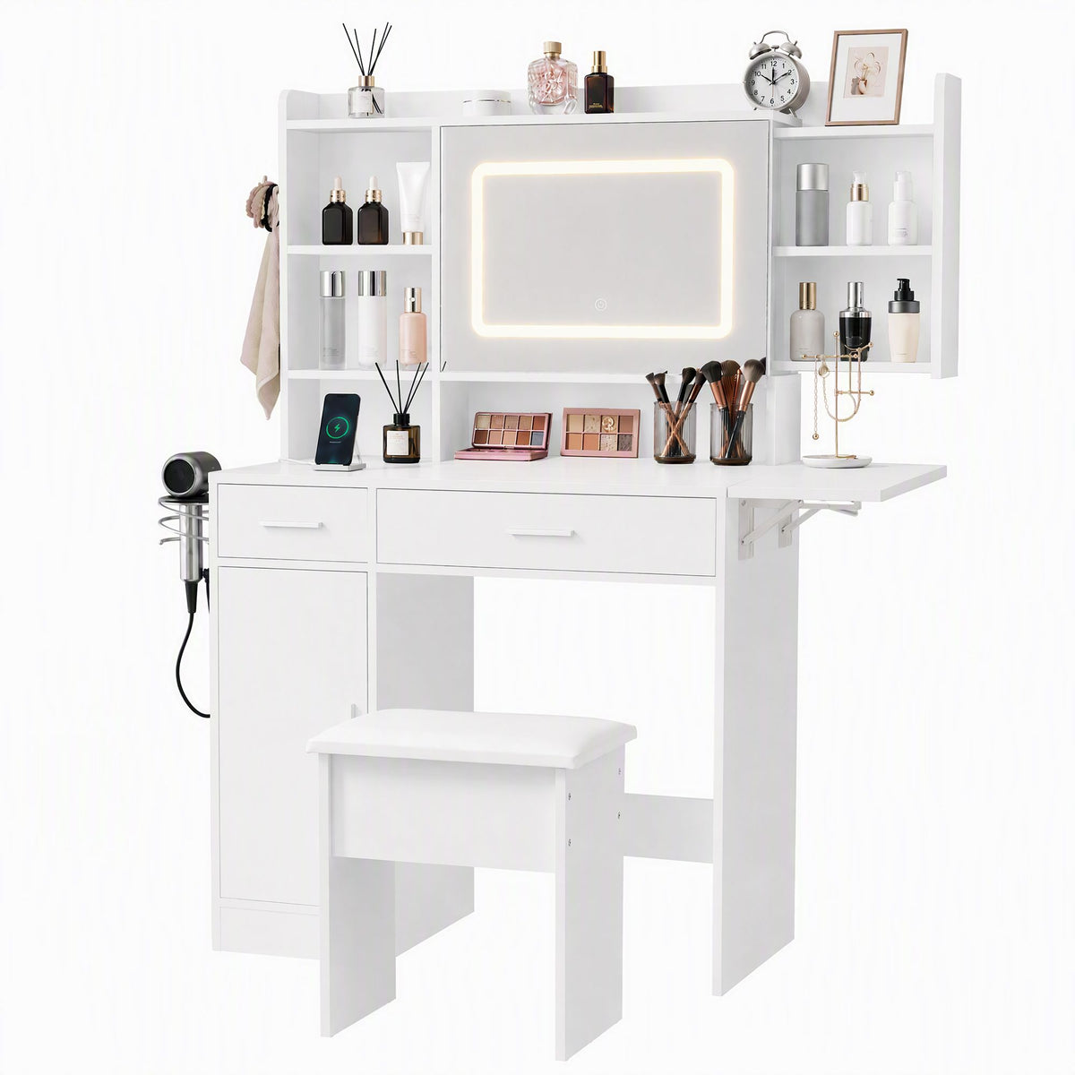 Fiora Compact LED Dressing Table & Stool – White