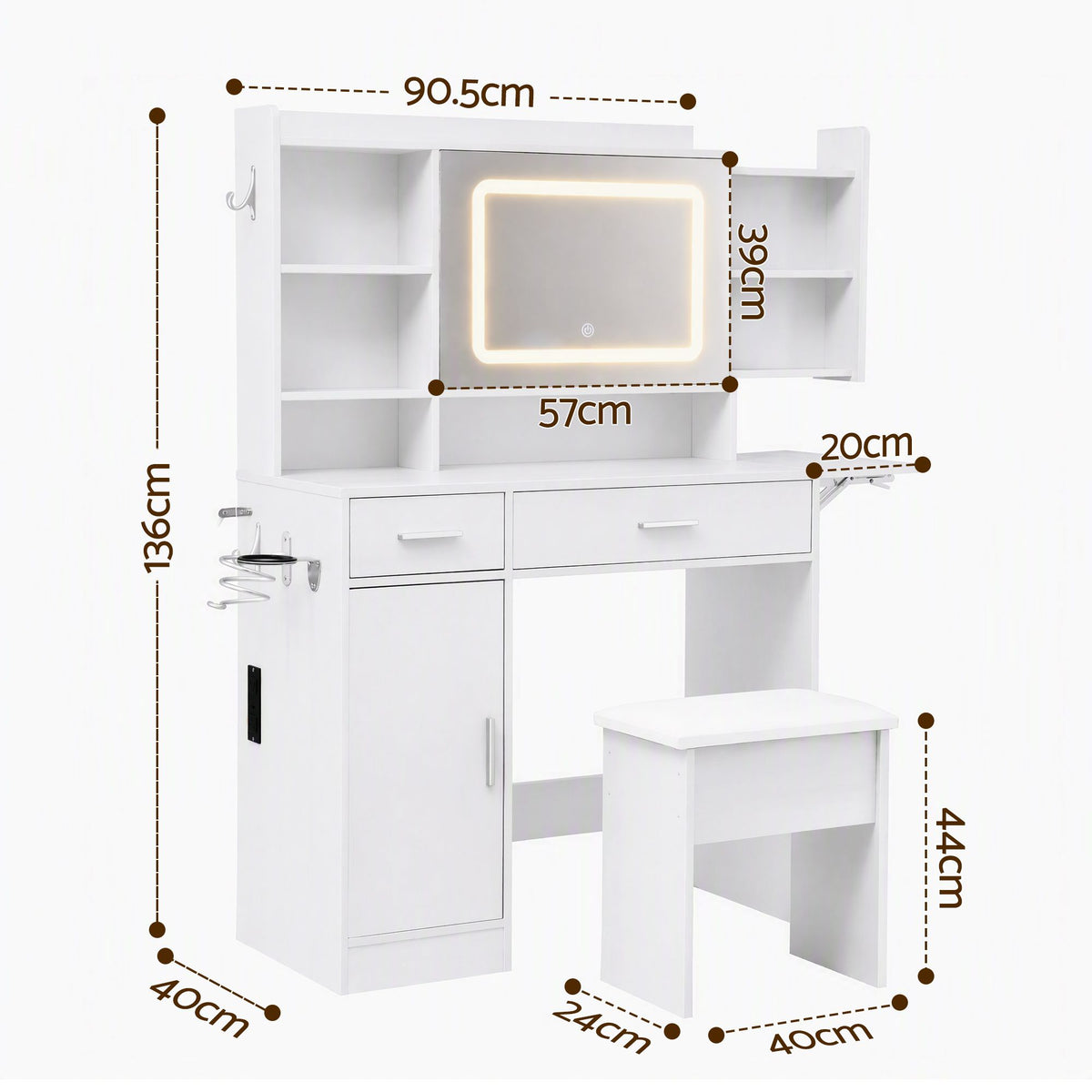 Fiora Compact LED Dressing Table & Stool – White