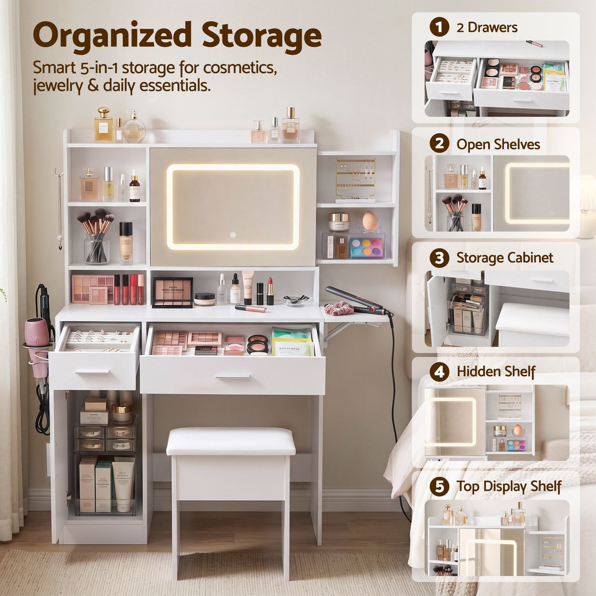 Fiora Compact LED Dressing Table & Stool – White