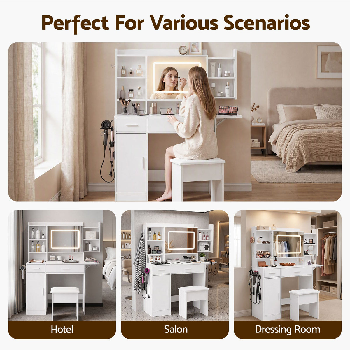 Fiora Compact LED Dressing Table & Stool – White