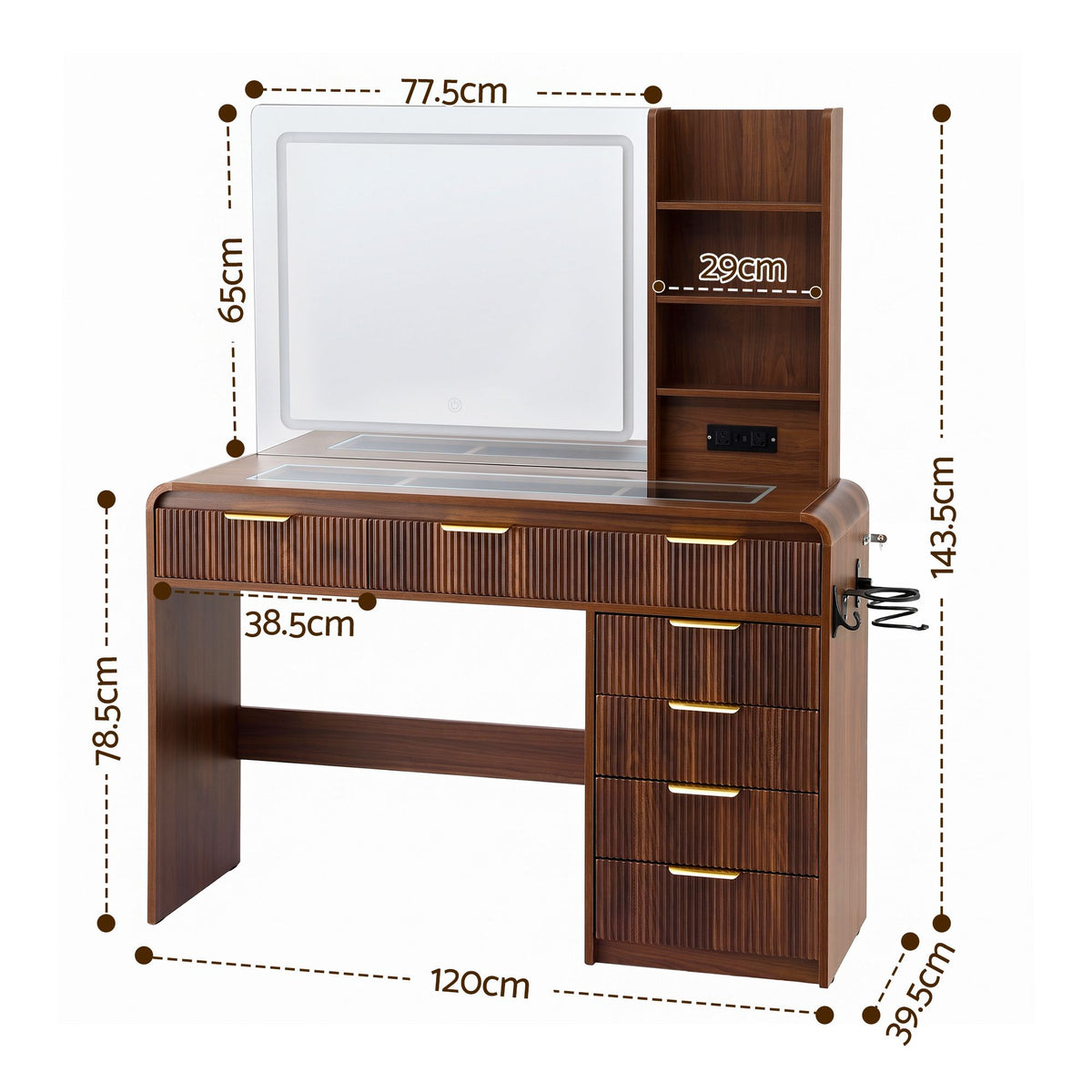 Cordelia LED Fluted Dressing Table 120cm – Walnut