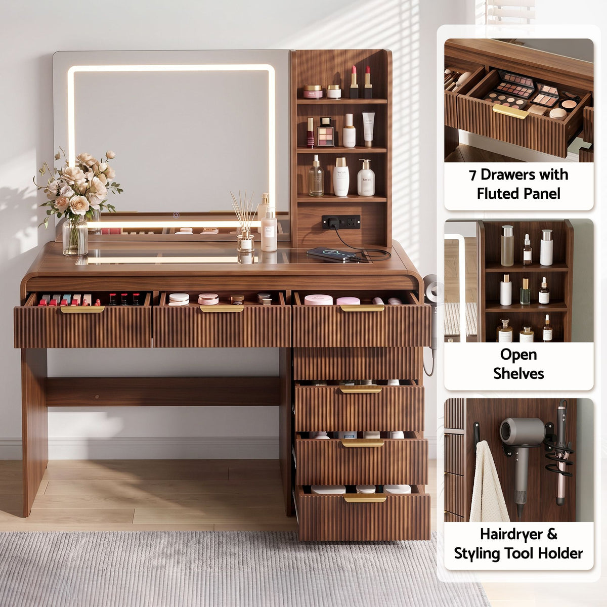 Cordelia LED Fluted Dressing Table 120cm – Walnut