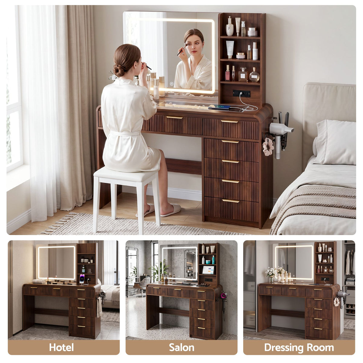 Cordelia LED Fluted Dressing Table 120cm – Walnut