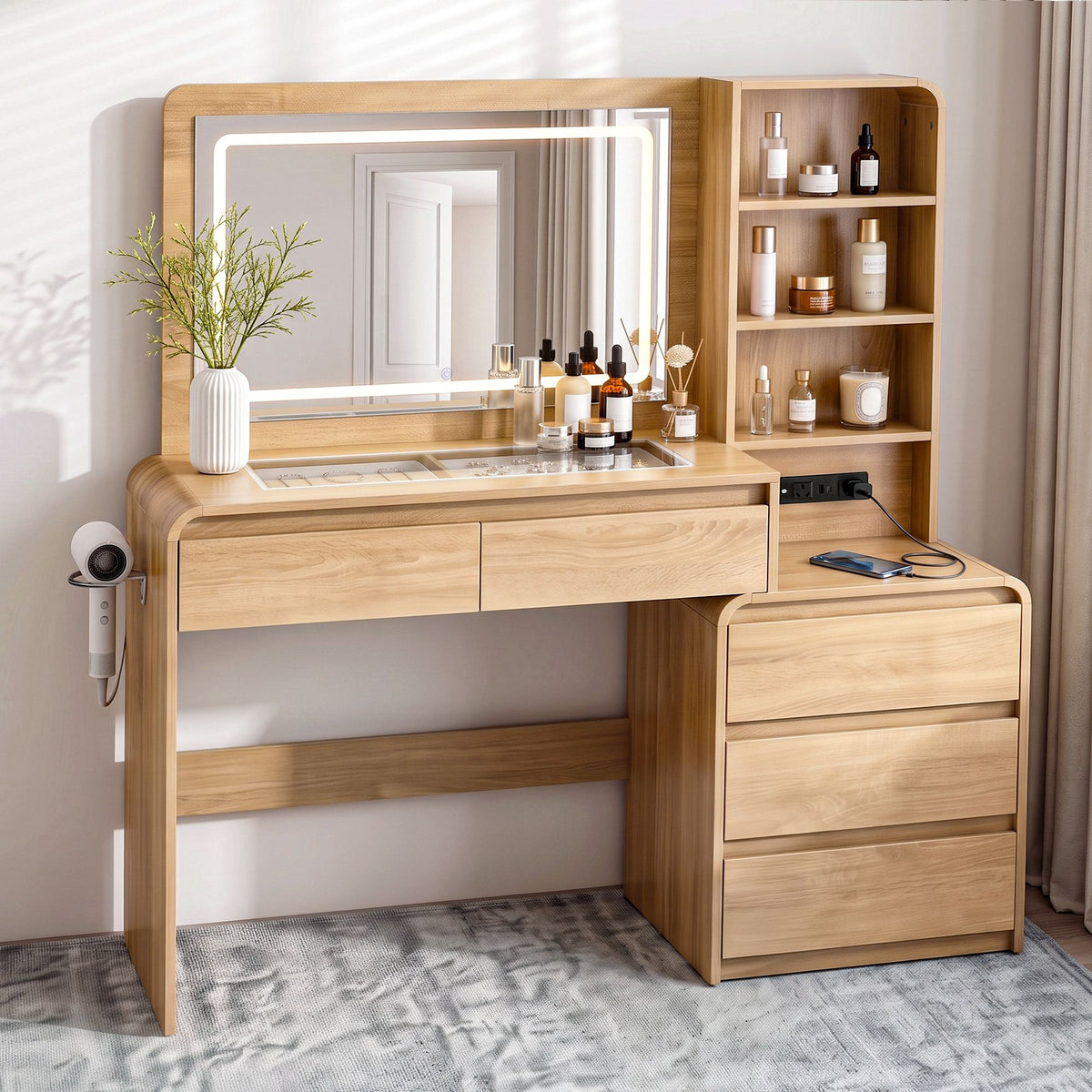 Annika LED Dressing Table with Storage 140cm – Natural
