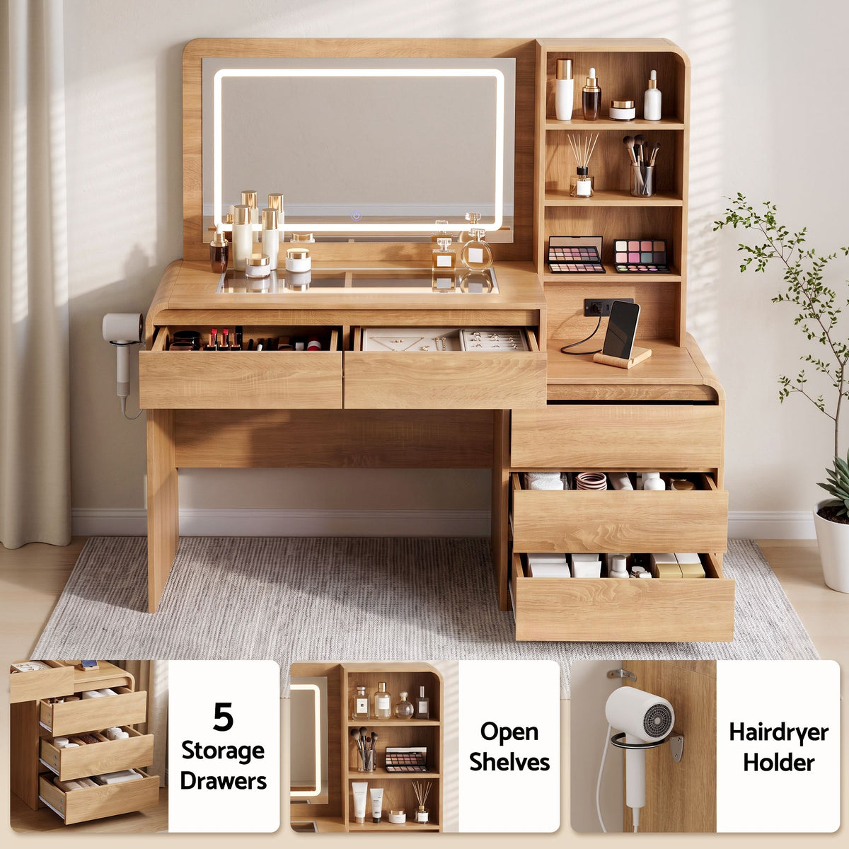 Annika LED Dressing Table with Storage 140cm – Natural