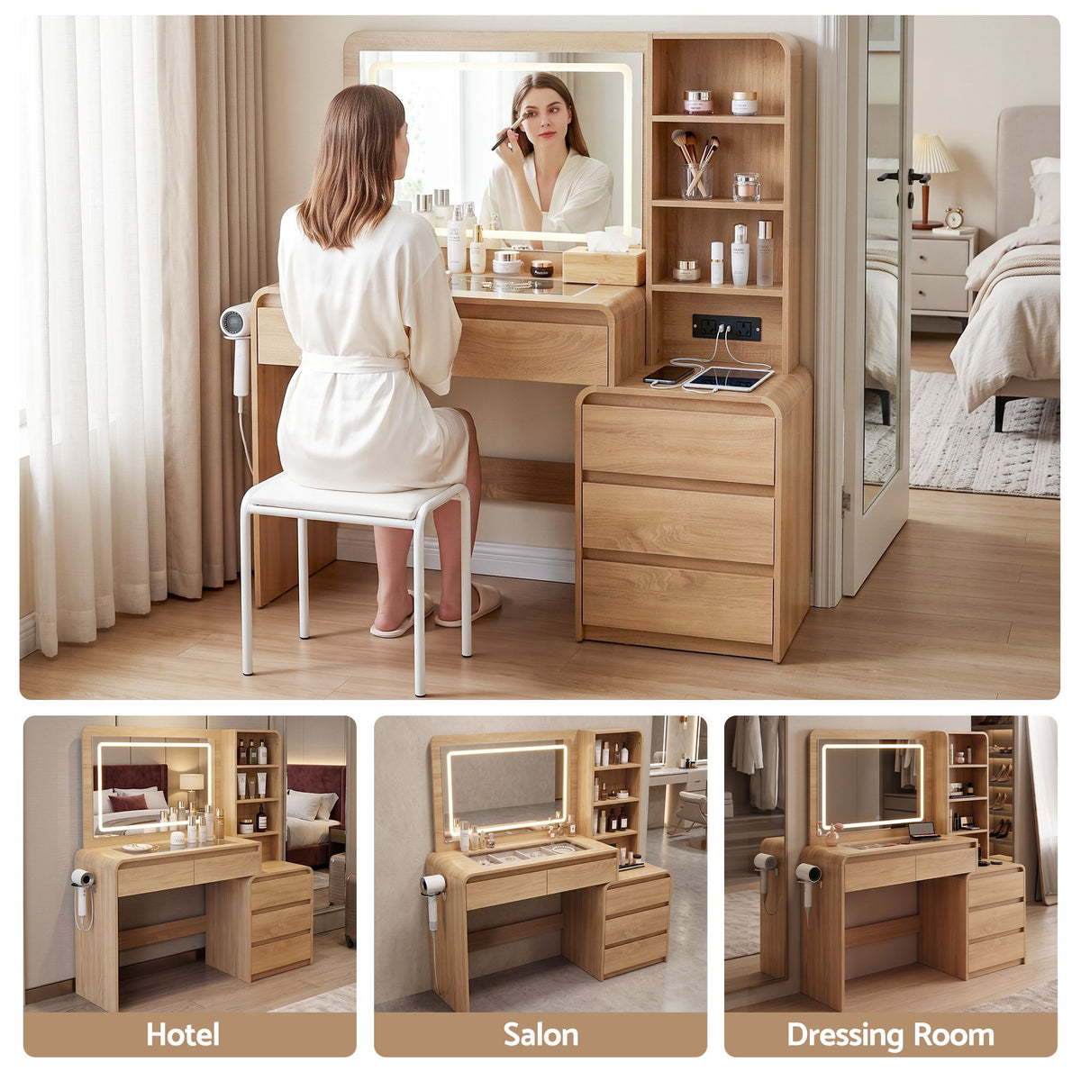 Annika LED Dressing Table with Storage 140cm – Natural