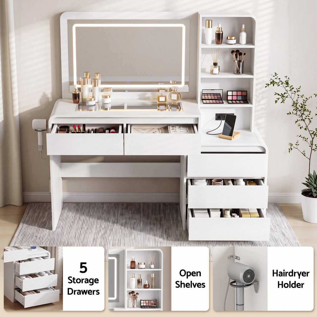 Annika LED Dressing Table with Storage 140cm – White