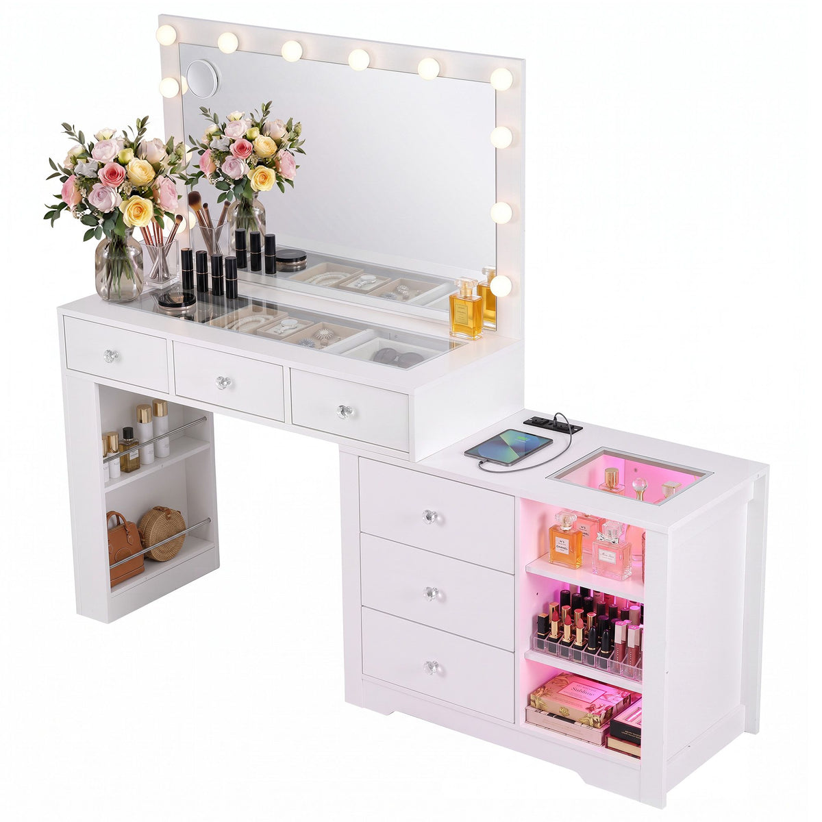 Delaney LED Dressing Table with Storage 159cm – White
