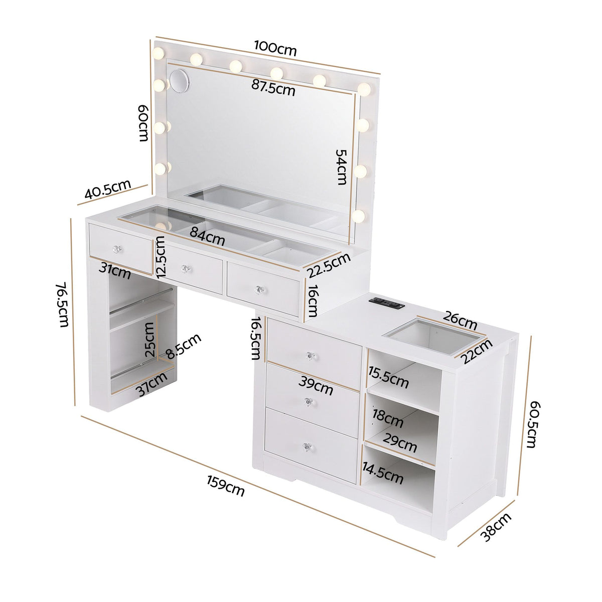 Delaney LED Dressing Table with Storage 159cm – White
