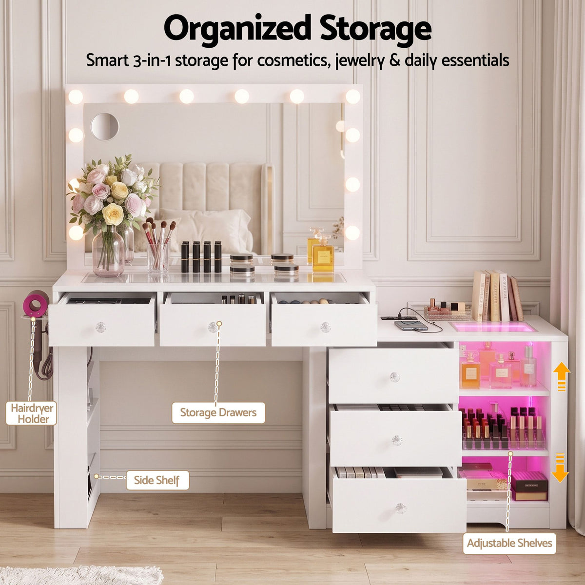 Delaney LED Dressing Table with Storage 159cm – White