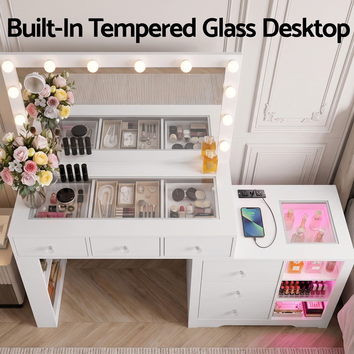 Delaney LED Dressing Table with Storage 159cm – White