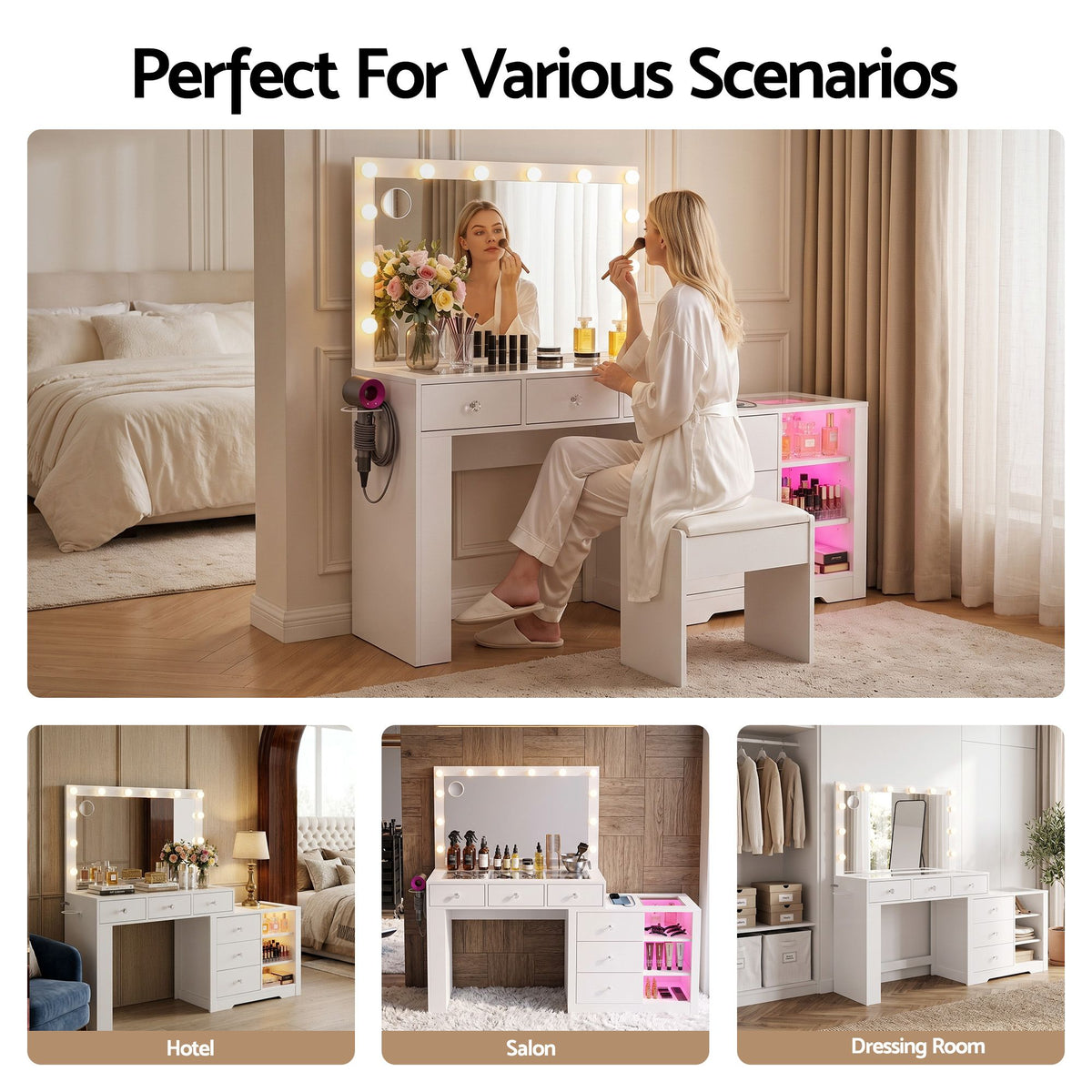 Delaney LED Dressing Table with Storage 159cm – White