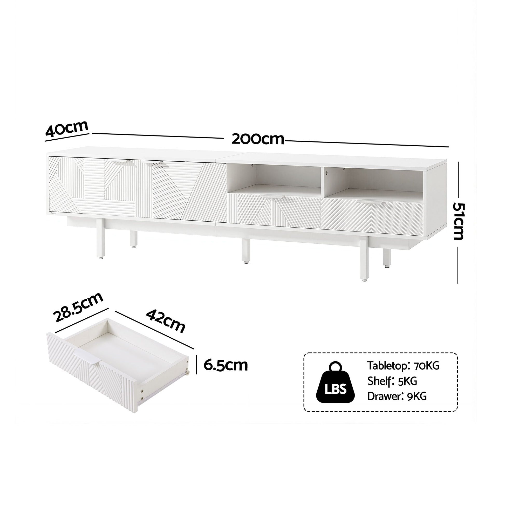 Colette Fluted TV Unit 200cm – White - Homecoze