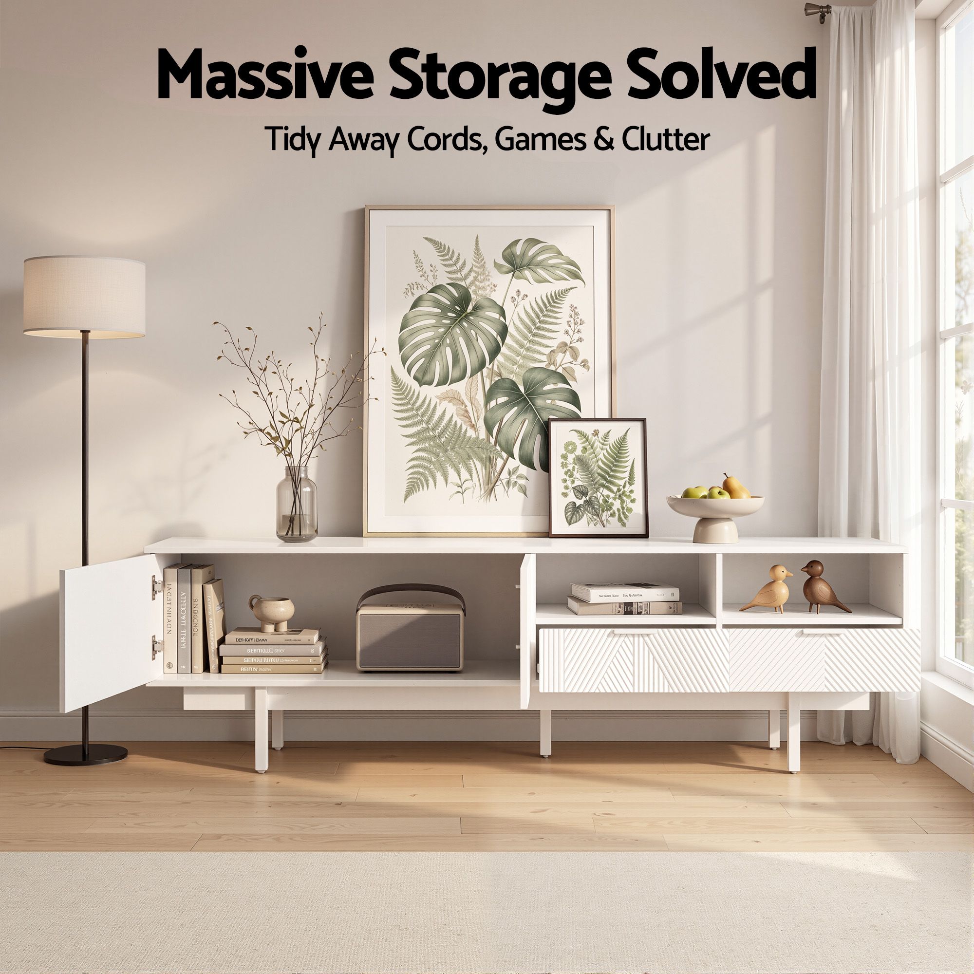 Colette Fluted TV Unit 200cm – White - Homecoze