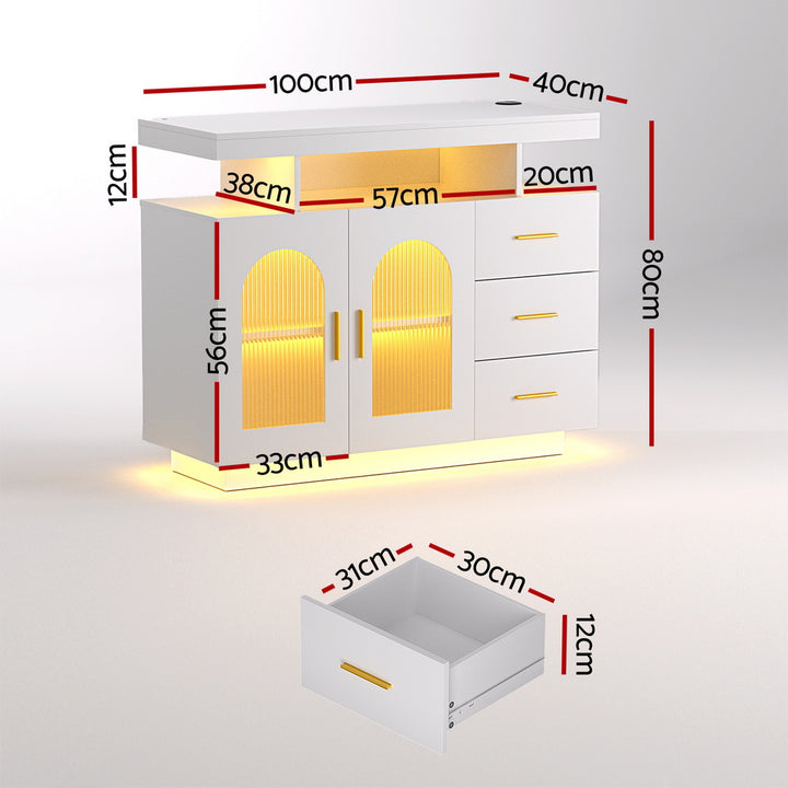 Artiss Buffet Sideboard Cabinet LED Clear Door Kitchen Storage Drawers White - Homecoze